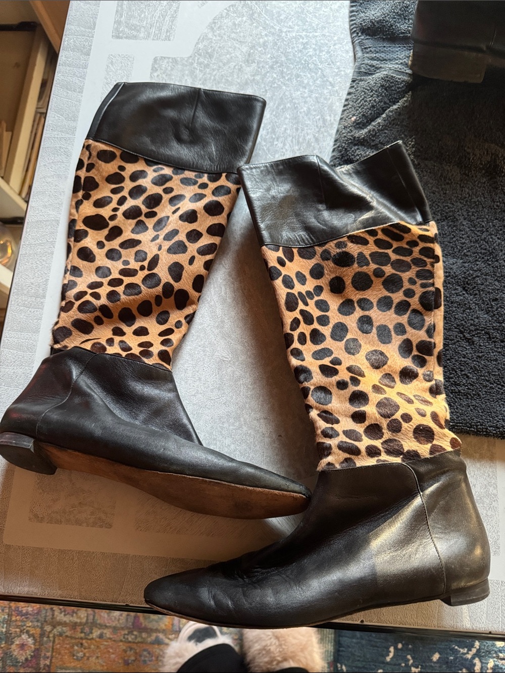 Isaac Mizrahi Black Leather and Leopard-Print Over-the-Knee Boots
